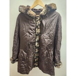 Sachi Collection Brown rabbit Fur‎ Trimmed Hooded Coat Size S silk linned